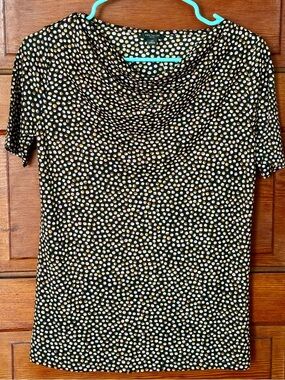 Ann Taylor Black Short Sleeve Cowl Neck Top Blouse Cream & Pink Polka Dots XSP